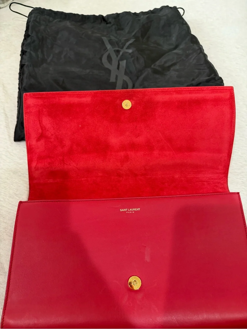 Saint Laurent Red Leather & Suede Envelope Clutch with Gold Hardware